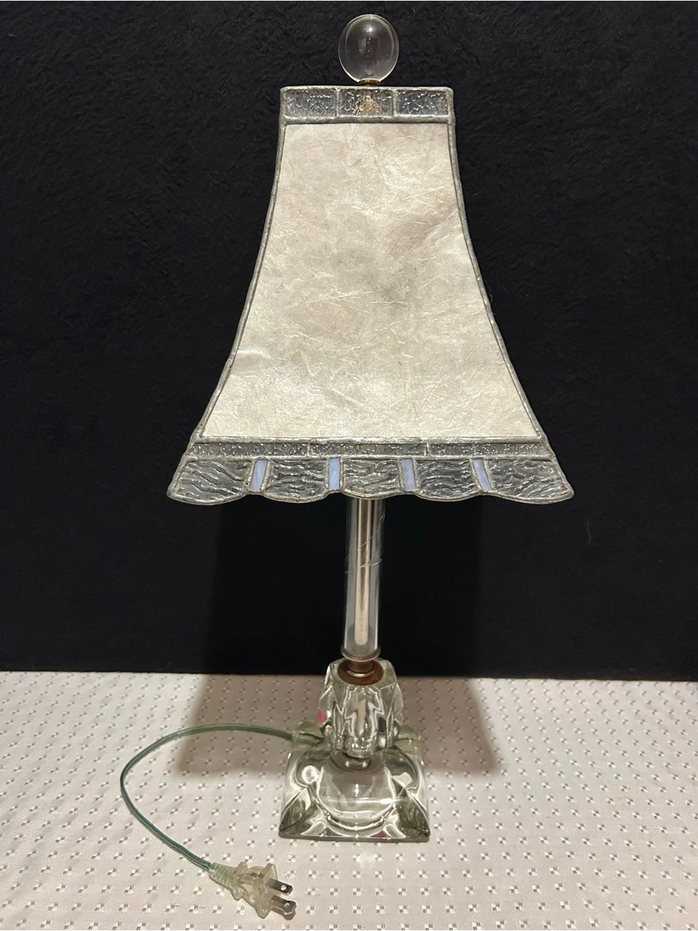 Vintage Glass Base Table Lamp with White Stained-Glass Shade Etched Glass Shaft